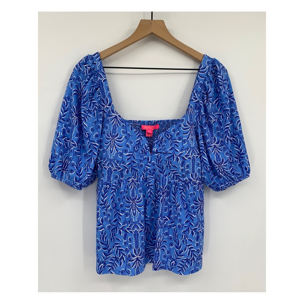 Lilly Pulitzer Shirt Womens Large Blue Floriana Abaco Have It Both Rays NEW